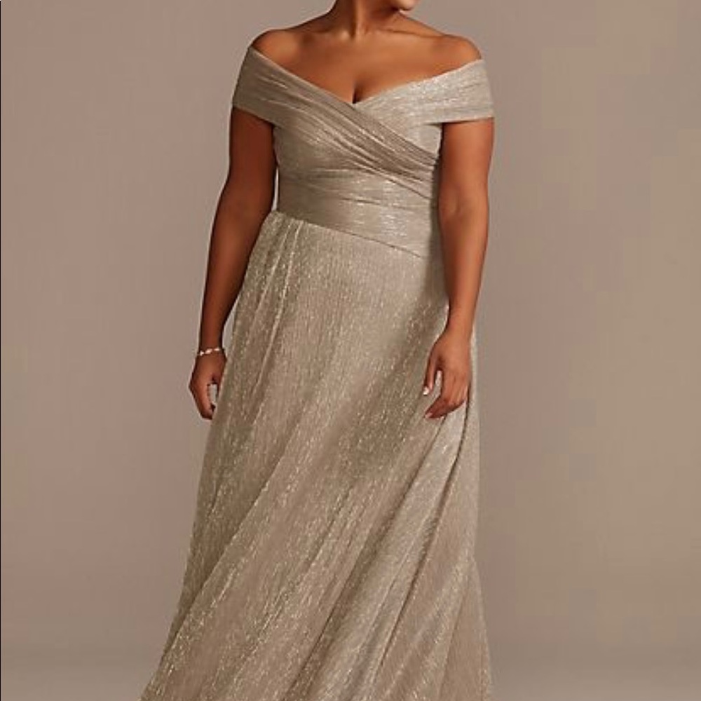 Pleated Metallic Off-the-Shoulder Plus Size Dress